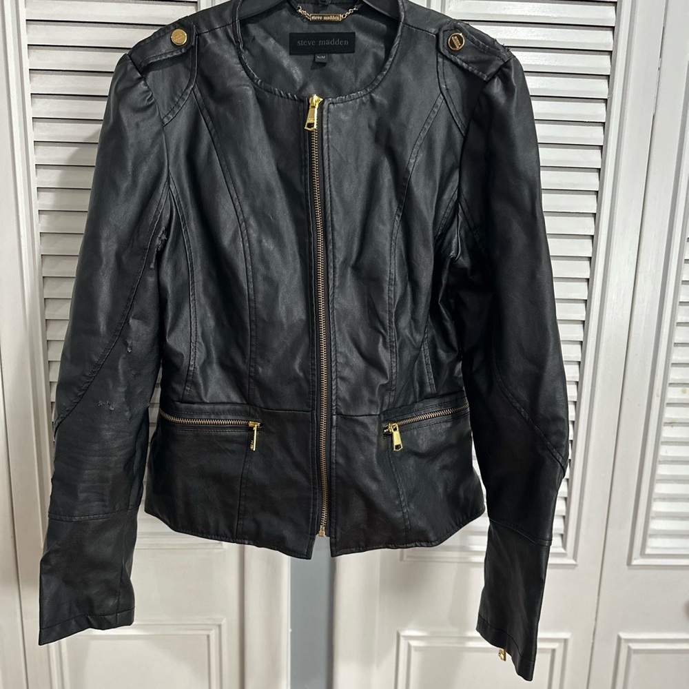 Steve Madden Women's Black Leather Jacket with Gold Accents